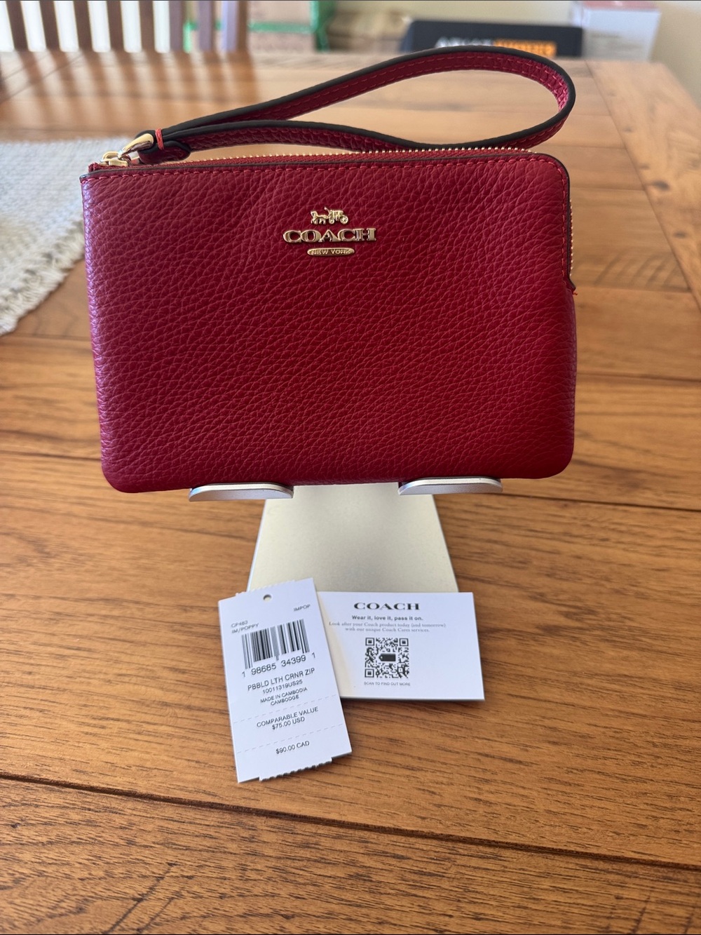 Coach Red Pebbled Leather Wristlet with Gold Logo
